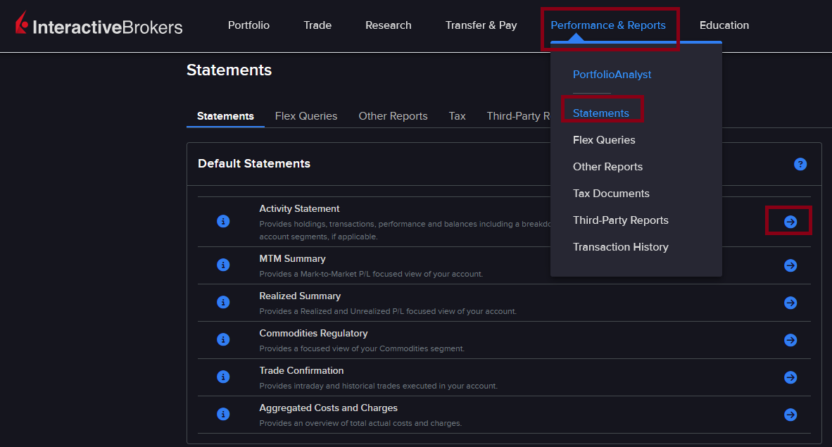 Interactive Brokers statements navigation