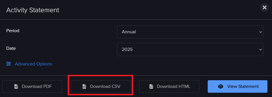 Interactive Brokers activity statement CSV download